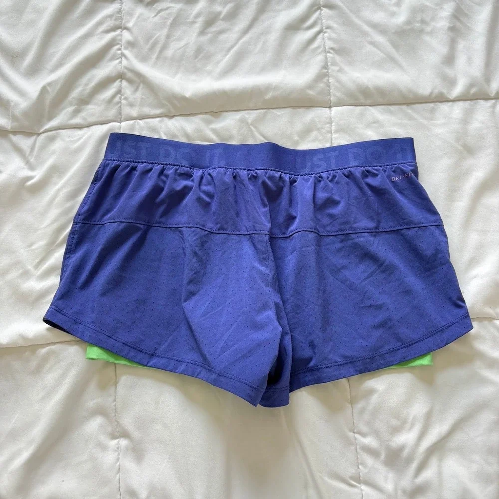 Nike Womens Dri-FIT 2-in-1 Running Shorts Purple Green Just Do It Large Active